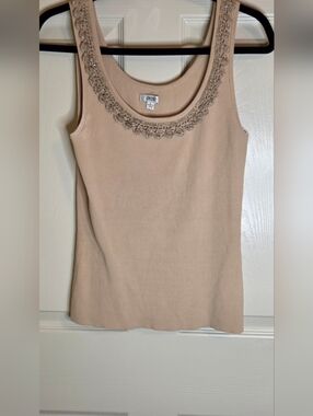 Cache L Beige Ribbed  with Beaded Scoop Neck Women's Tank